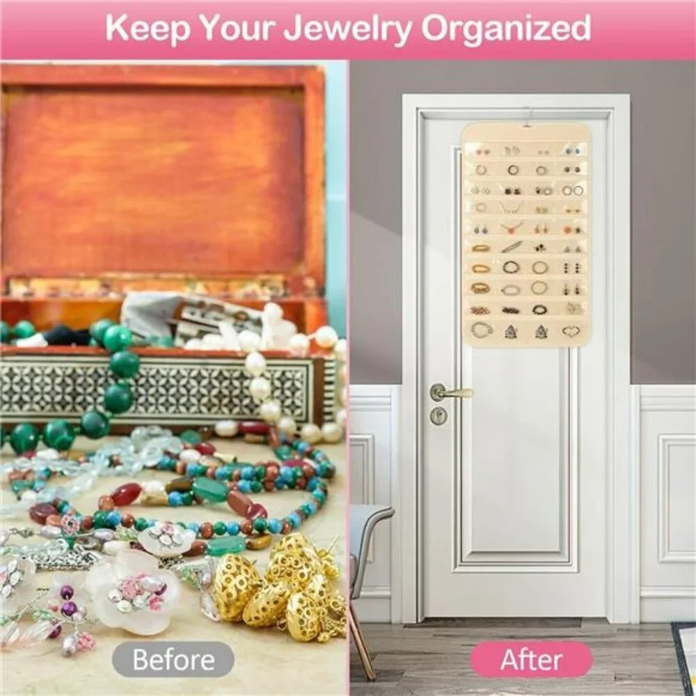 Hanging Jewelry Organizer Closet Storage with 80 Clear Pockets Earrings Necklace